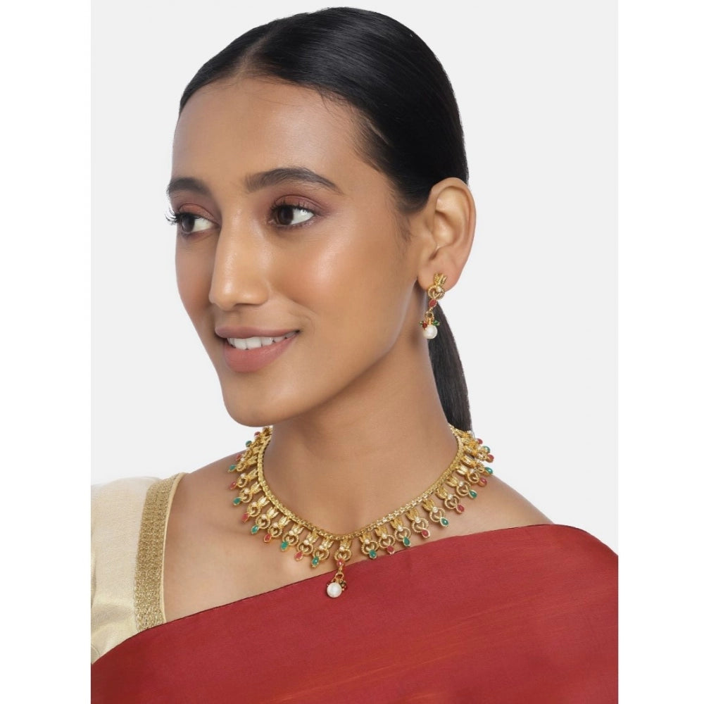 Women's Rose Gold Plated Alloy Necklace &amp; Earings Set (Green &amp; Red)