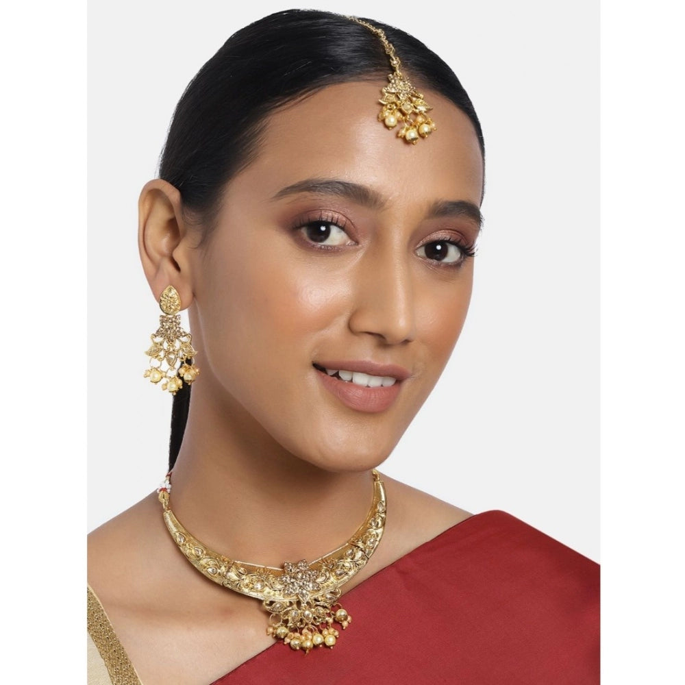 Women's Rose Gold Plated Alloy Necklace &amp; Earings Set (Gold)