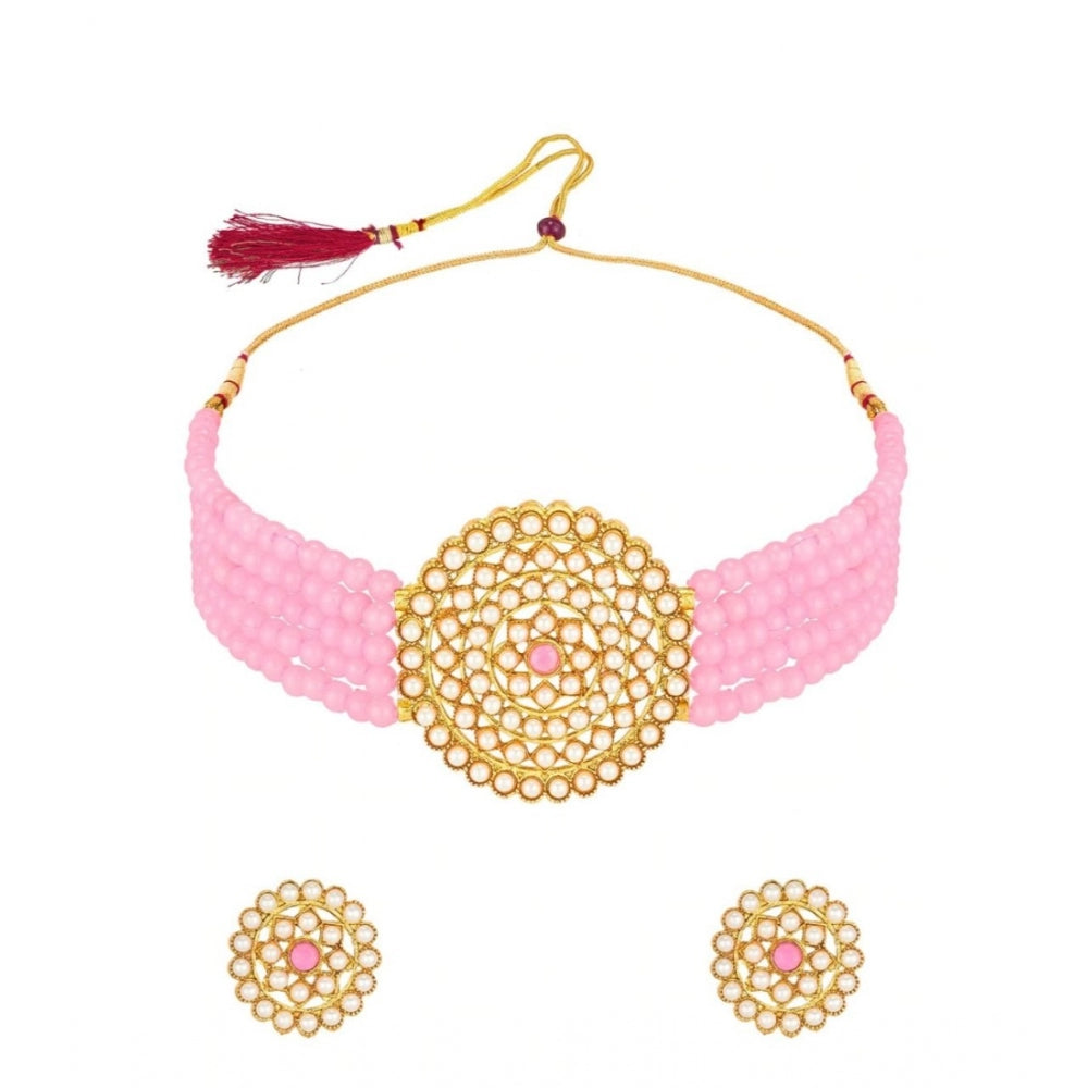 Women's Rose Gold Plated Alloy Necklace &amp; Earings Set (Pink)