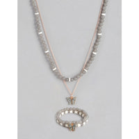 Women's Rose Gold Plated Brass Pendant Chain With Beaded Bracelet (Grey)