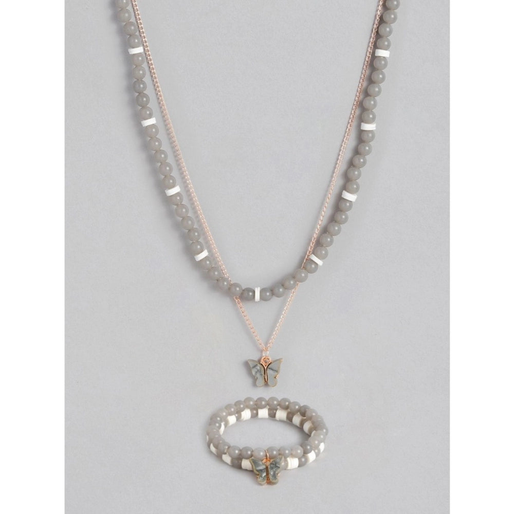 Women's Rose Gold Plated Brass Pendant Chain With Beaded Bracelet (Grey)
