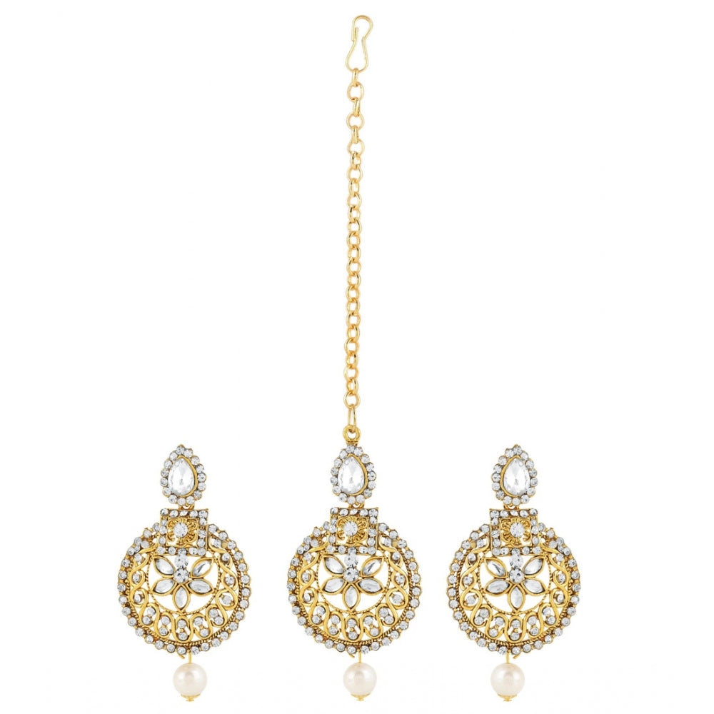 Women's Rose Gold Plated Alloy Kundan Earrings &amp; Mangtikka (White)