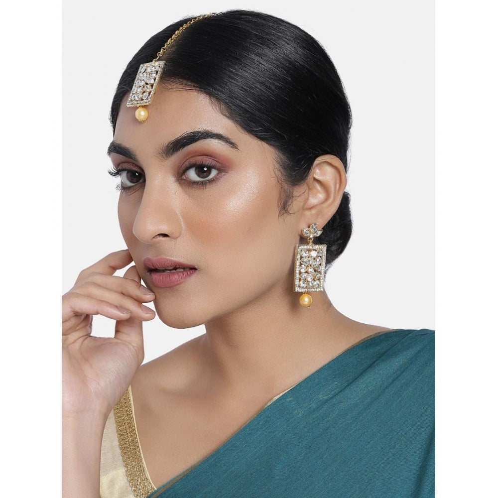 Women's Rose Gold Plated Alloy Kundan Earrings &amp; Mangtikka (White)