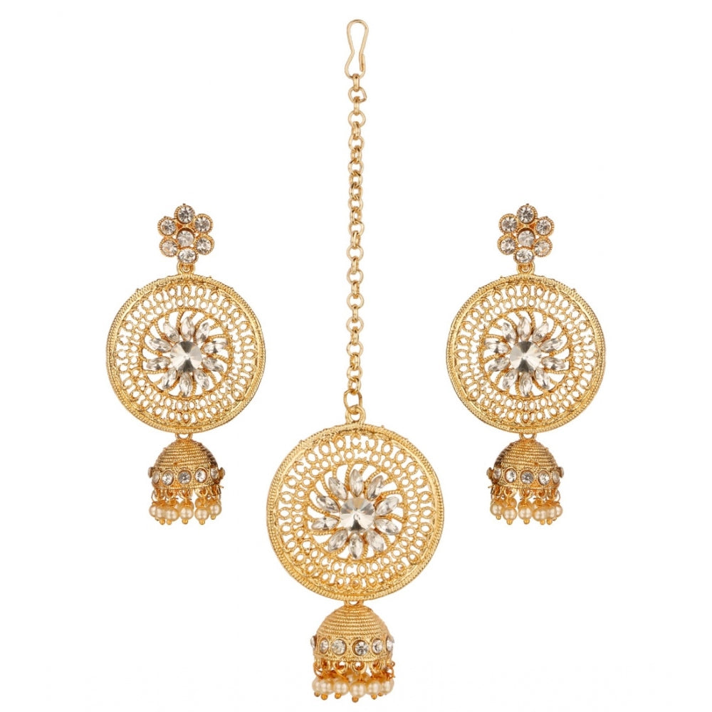 Women's Rose Gold Plated Alloy Kundan Earrings &amp; Mangtikka (White)