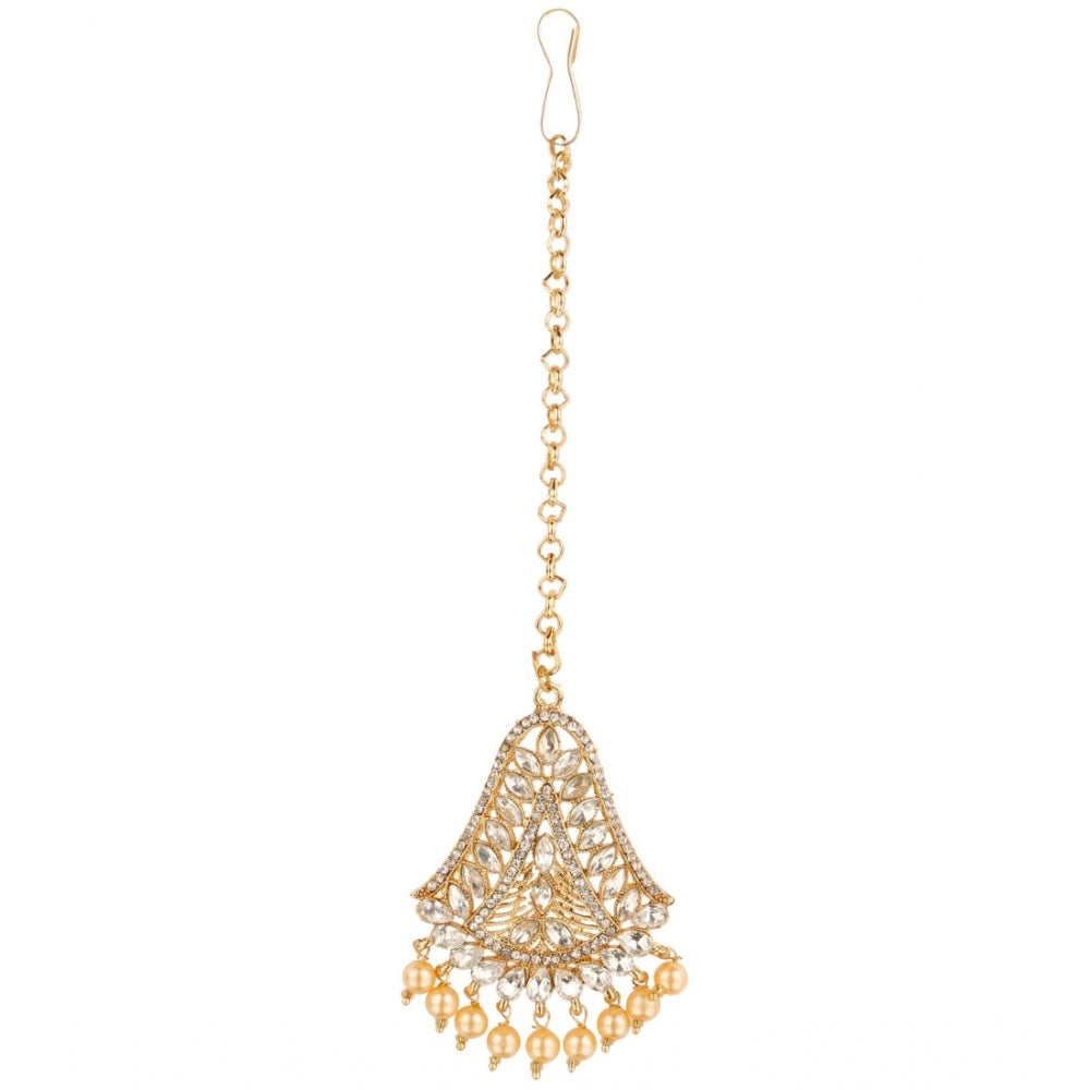 Women's Rose Gold Plated Alloy Kundan Earrings &amp; Mangtikka (White)