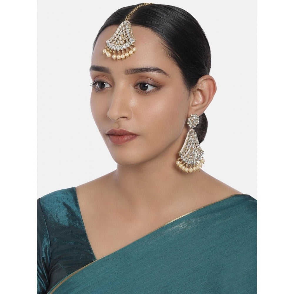 Women's Rose Gold Plated Alloy Kundan Earrings &amp; Mangtikka (White)