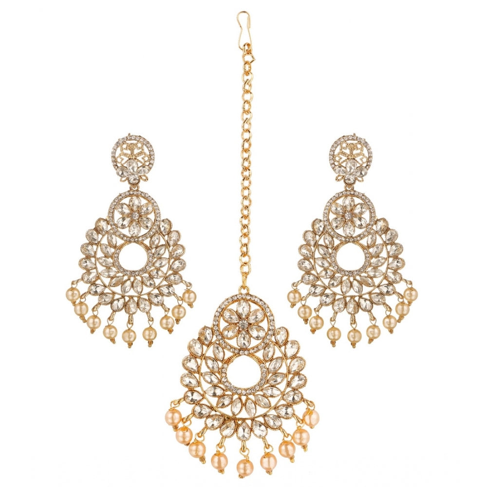 Women's Rose Gold Plated Alloy Kundan Earrings &amp; Mangtikka (White)