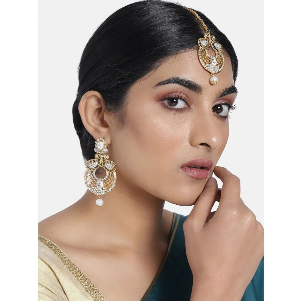 Women's Rose Gold Plated Alloy Kundan Earrings &amp; Mangtikka (White)