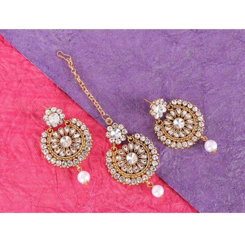 Women's Rose Gold Plated Alloy Kundan Earrings &amp; Mangtikka (White)
