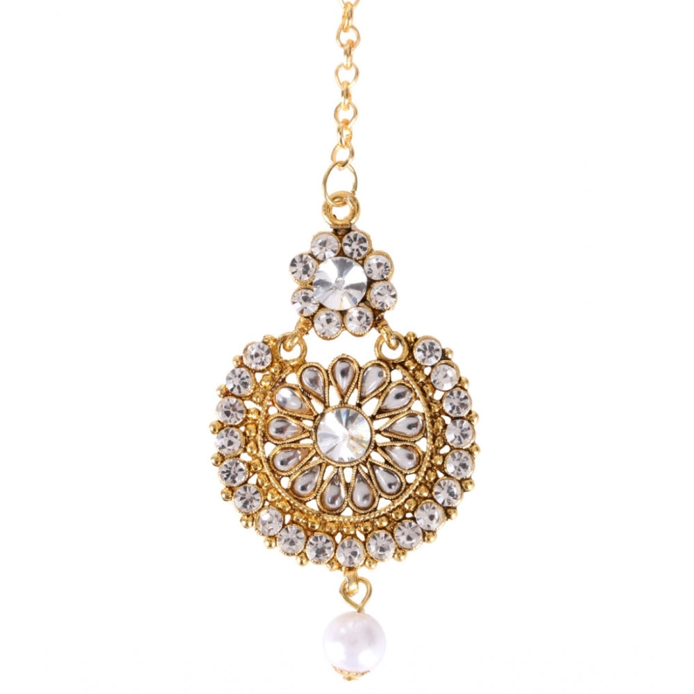 Women's Rose Gold Plated Alloy Kundan Earrings &amp; Mangtikka (White)