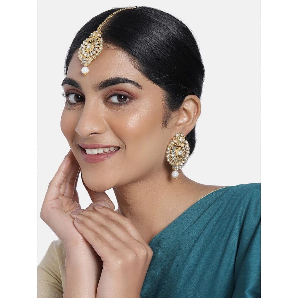 Women's Rose Gold Plated Alloy Kundan Earrings &amp; Mangtikka (White)