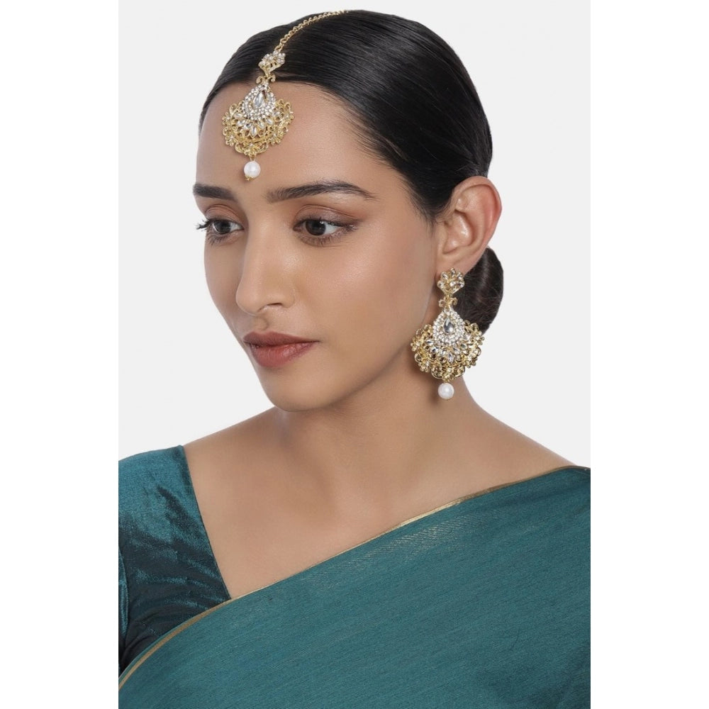 Women's Rose Gold Plated Alloy Kundan Earrings &amp; Mangtikka (White)