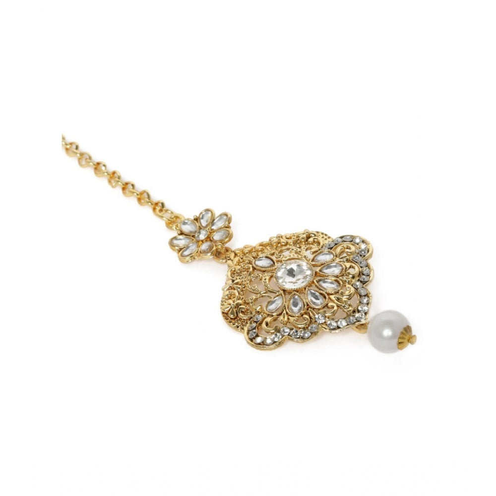Women's Rose Gold Plated Alloy Kundan Earrings &amp; Mangtikka (White)