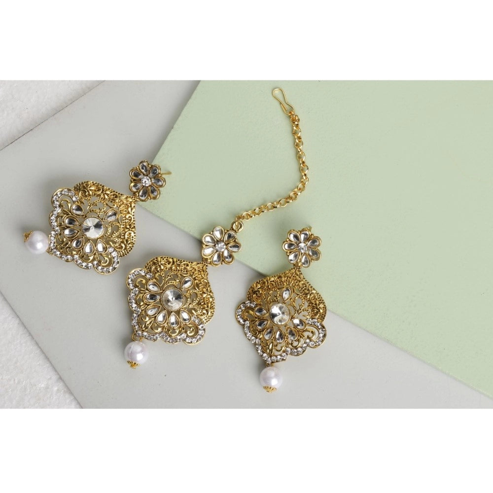 Women's Rose Gold Plated Alloy Kundan Earrings &amp; Mangtikka (White)