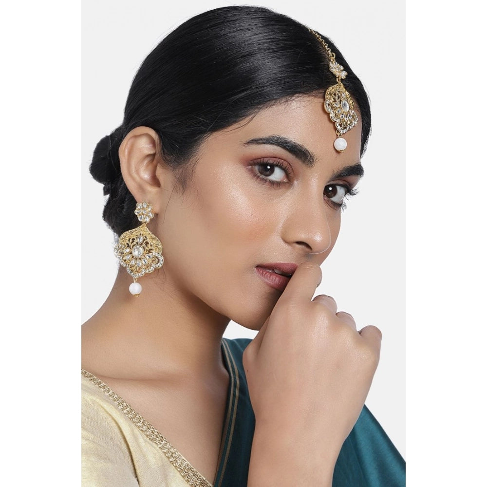 Women's Rose Gold Plated Alloy Kundan Earrings &amp; Mangtikka (White)
