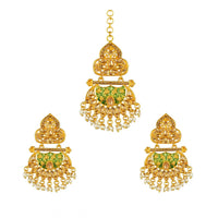 Women's Rose Gold Plated Alloy Kundan Earrings &amp; Mangtikka (Green)