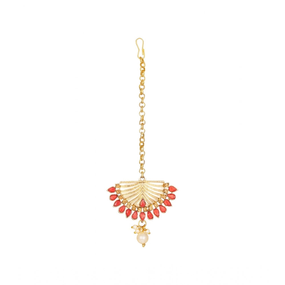 Women's Rose Gold Plated Alloy Kundan Earrings &amp; Mangtikka (Gold &amp; Red)