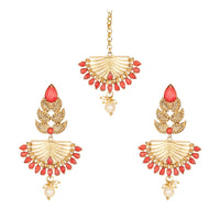 Women's Rose Gold Plated Alloy Kundan Earrings &amp; Mangtikka (Gold &amp; Red)