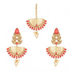 Women's Rose Gold Plated Alloy Kundan Earrings &amp; Mangtikka (Gold &amp; Red)