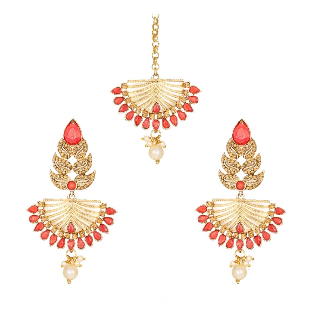 Women's Rose Gold Plated Alloy Kundan Earrings &amp; Mangtikka (Gold &amp; Red)