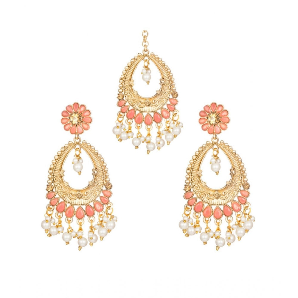 Women's Rose Gold Plated Alloy Kundan Earrings &amp; Mangtikka (Pink)
