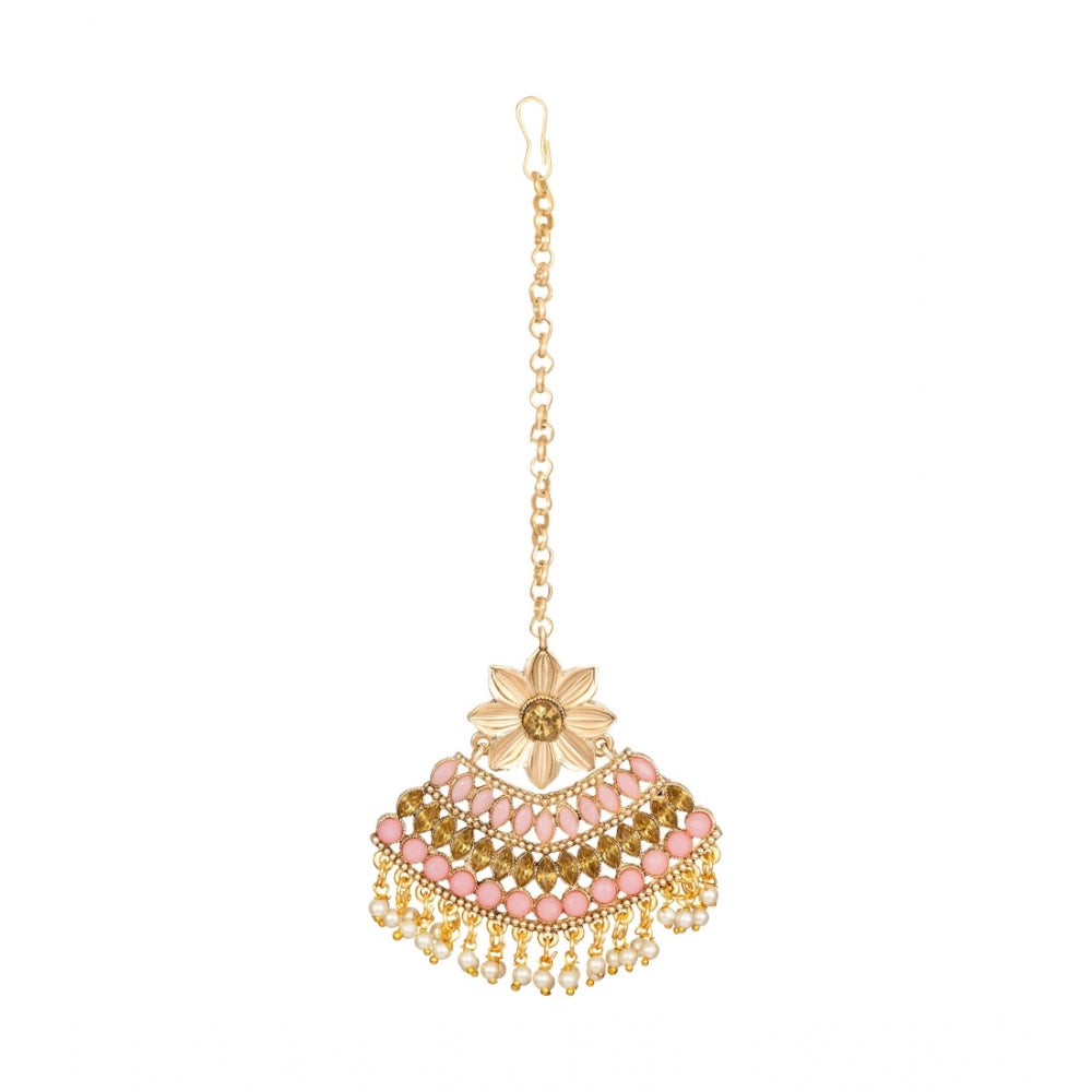 Women's Rose Gold Plated Alloy Kundan Earrings &amp; Mangtikka (Pink)
