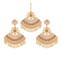 Women's Rose Gold Plated Alloy Kundan Earrings &amp; Mangtikka (Pink)