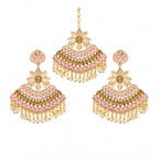 Women's Rose Gold Plated Alloy Kundan Earrings &amp; Mangtikka (Pink)