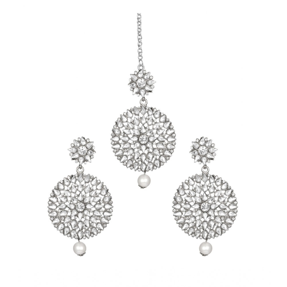 Women's Rose Gold Plated Alloy Kundan Earrings &amp; Mangtikka (White)