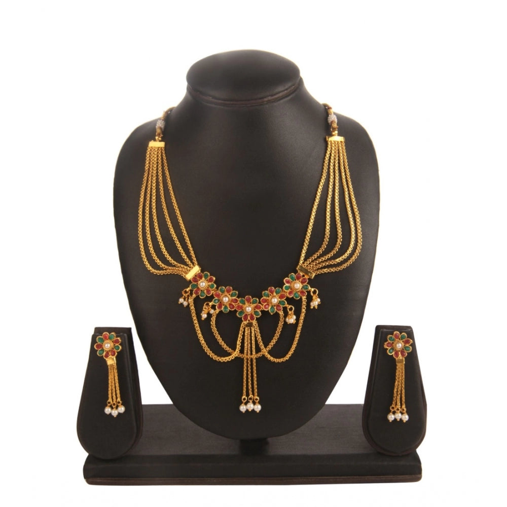 Women's Rose Gold Plated Alloy Necklace Set (Green &amp; Red)