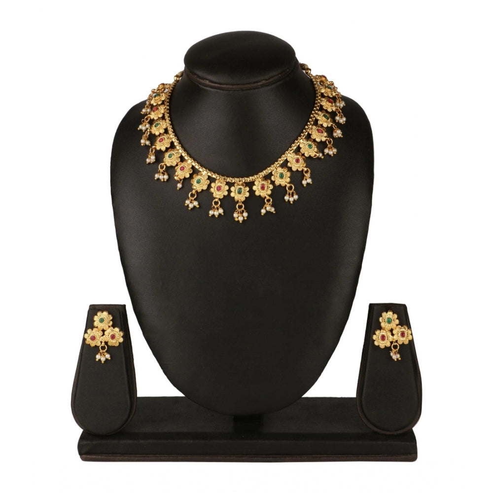 Women's Rose Gold Plated Alloy Necklace &amp; Earings Set (Green &amp; Red)