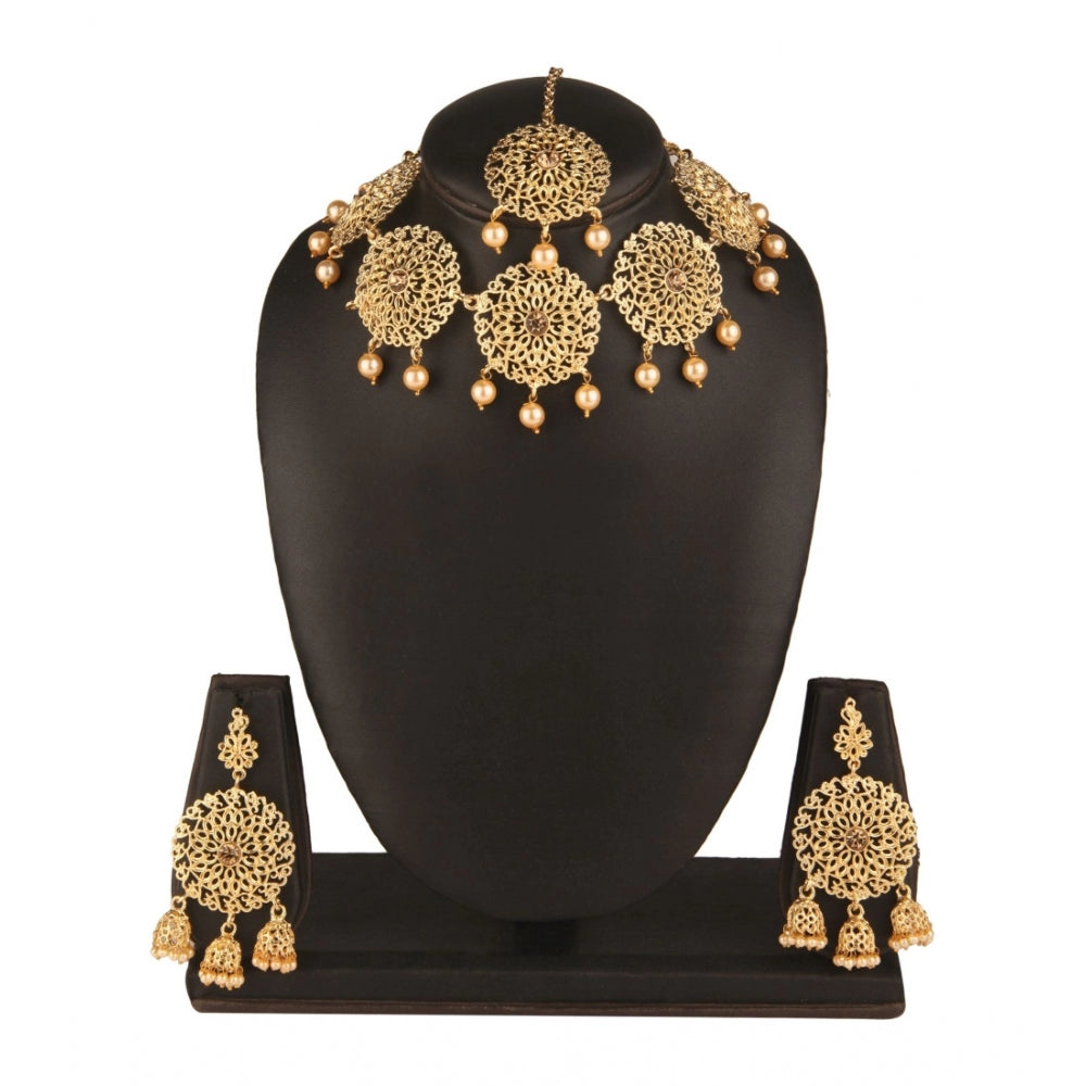 Women's Rose Gold Plated Alloy Necklace &amp; Earings Set (Gold)