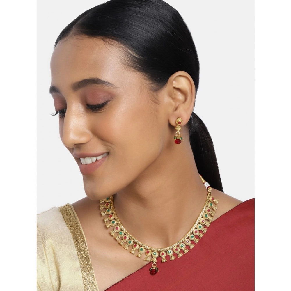 Women's Rose Gold Plated Alloy Necklace &amp; Earings Set (Green &amp; Red)