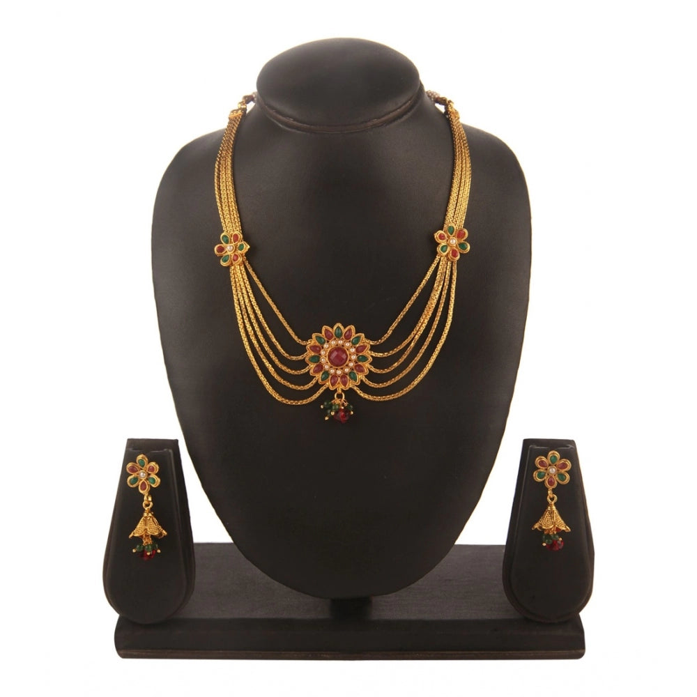 Women's Rose Gold Plated Alloy Necklace &amp; Earings Set (Green &amp; Red)
