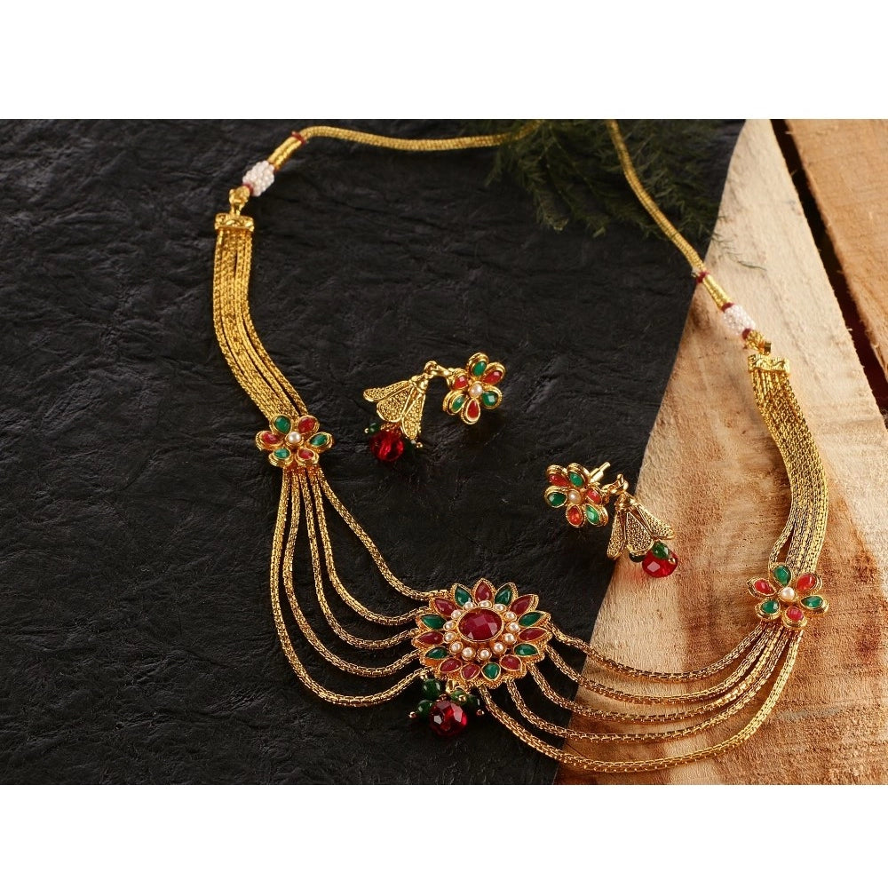 Women's Rose Gold Plated Alloy Necklace &amp; Earings Set (Green &amp; Red)