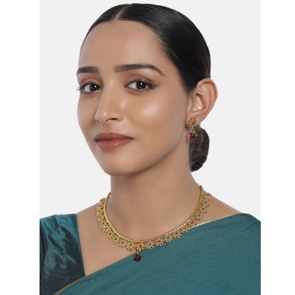 Women's Rose Gold Plated Alloy Necklace &amp; Earings Set (Green &amp; Red)