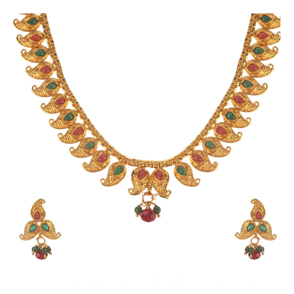 Women's Rose Gold Plated Alloy Necklace &amp; Earings Set (Green &amp; Red)