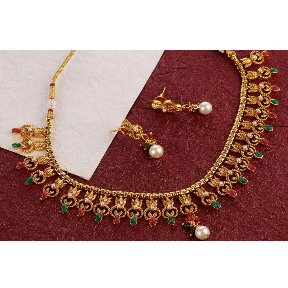 Women's Rose Gold Plated Alloy Necklace &amp; Earings Set (Green &amp; Red)