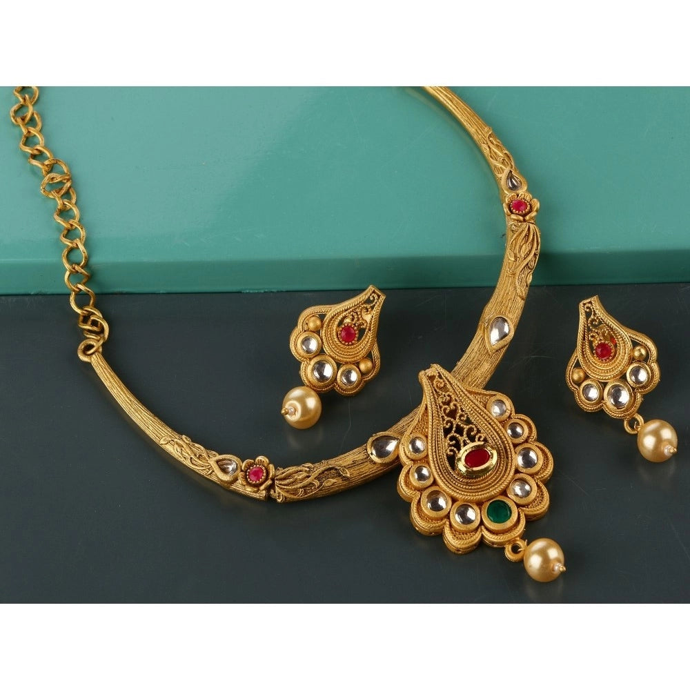Women's Rose Gold Plated Alloy Necklace &amp; Earings Set (White &amp; Red)