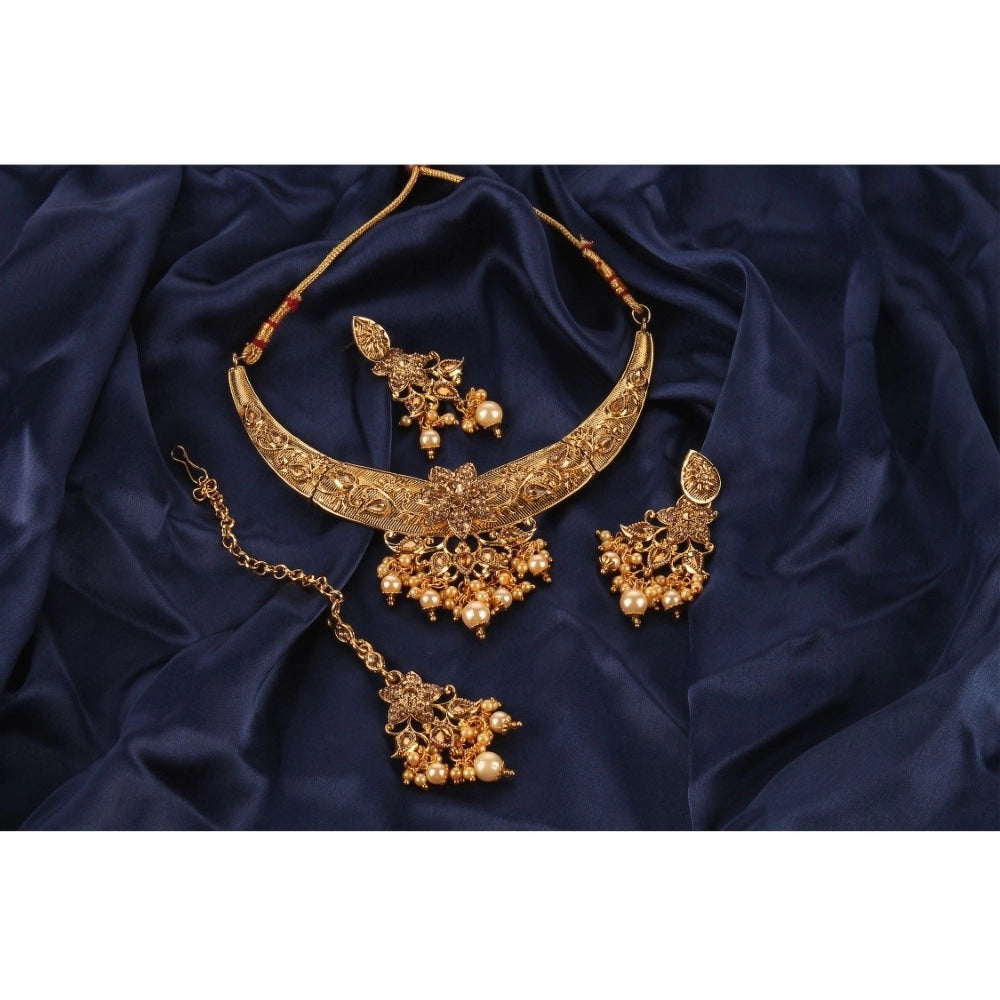 Women's Rose Gold Plated Alloy Necklace &amp; Earings Set (Gold)