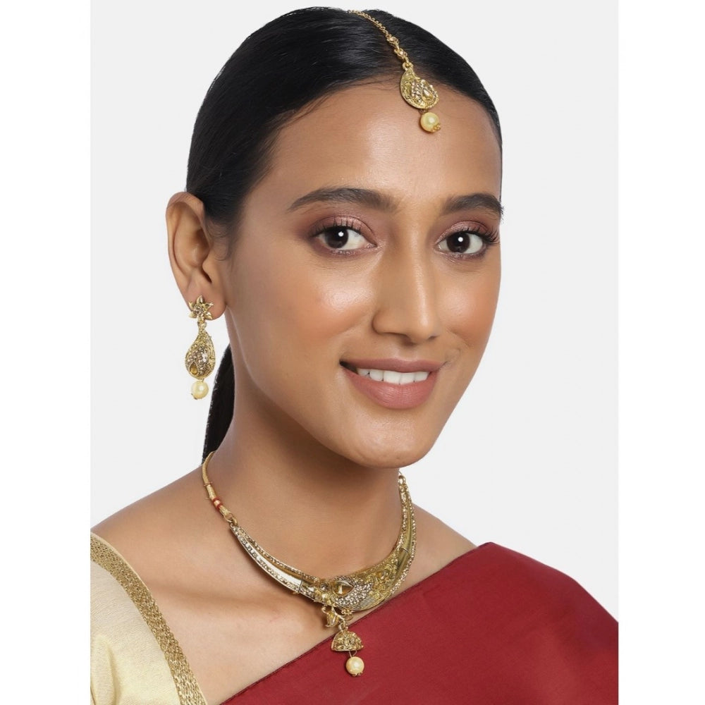 Women's Rose Gold Plated Alloy Necklace &amp; Earings Set (Gold)