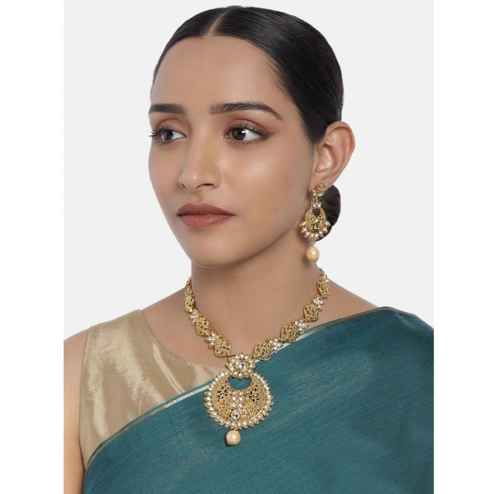 Women's Rose Gold Plated Alloy Necklace &amp; Earings Set (Gold)