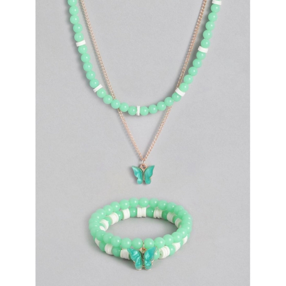 Women's Rose Gold Plated Brass Pendant Chain With Beaded Bracelet (Light Green)