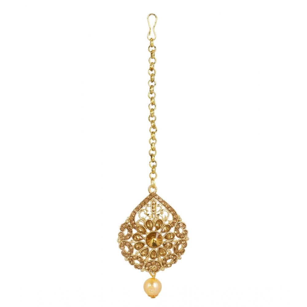 Women's Rose Gold Plated Alloy Kundan Earrings &amp; Mangtikka (Gold)
