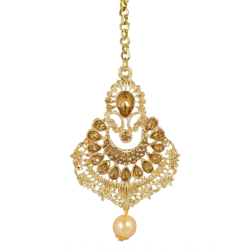 Women's Rose Gold Plated Alloy Kundan Earrings &amp; Mangtikka (Gold)