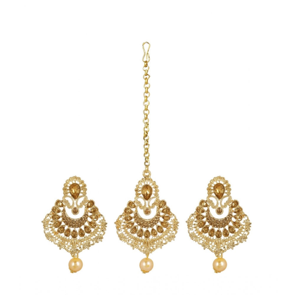 Women's Rose Gold Plated Alloy Kundan Earrings &amp; Mangtikka (Gold)