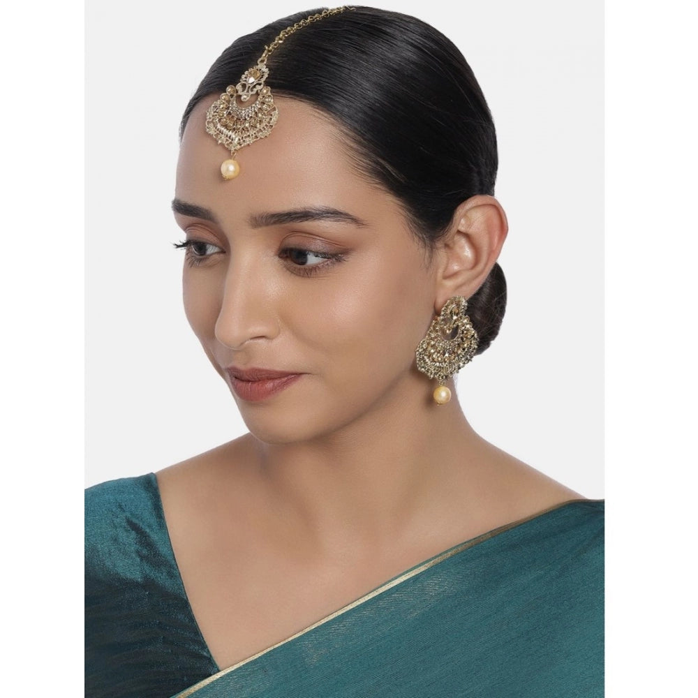 Women's Rose Gold Plated Alloy Kundan Earrings &amp; Mangtikka (Gold)