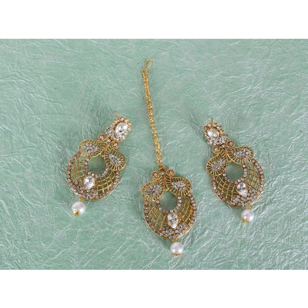 Women's Rose Gold Plated Alloy Kundan Earrings &amp; Mangtikka (White)