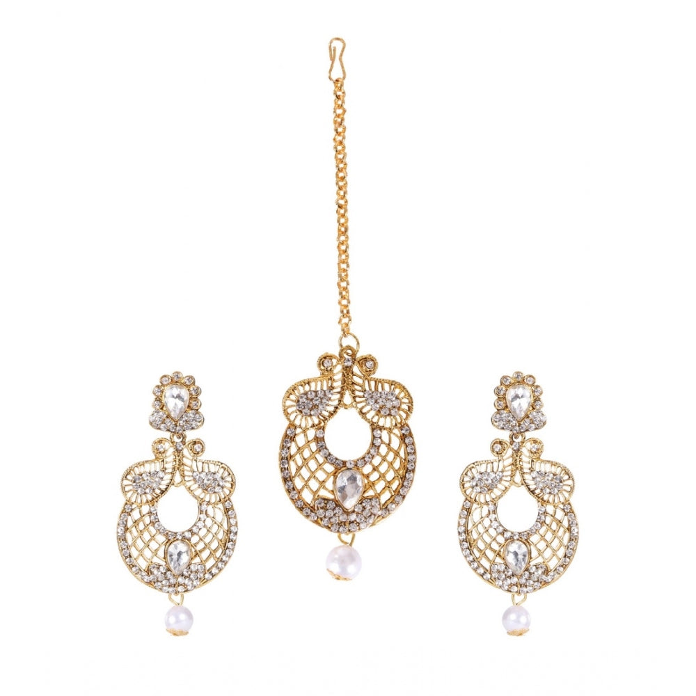 Women's Rose Gold Plated Alloy Kundan Earrings &amp; Mangtikka (White)