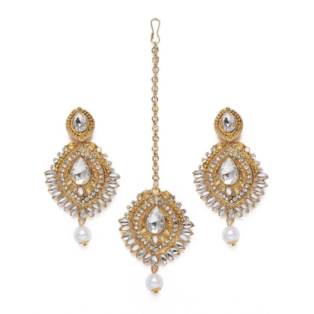Women's Rose Gold Plated Alloy Kundan Earrings &amp; Mangtikka (White)